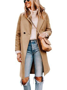 Women's Notch Lapel Double Breasted Khaki Wool Blend Mid Long Pea Trench Coat